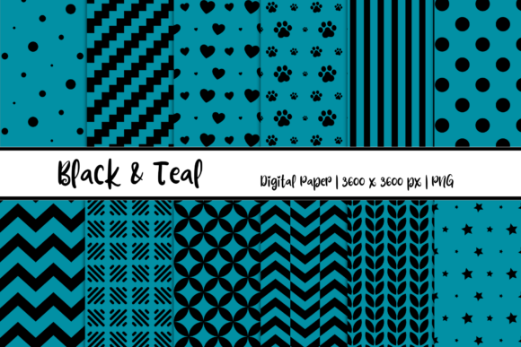 Black Teal Patterns Digital Paper for Creators